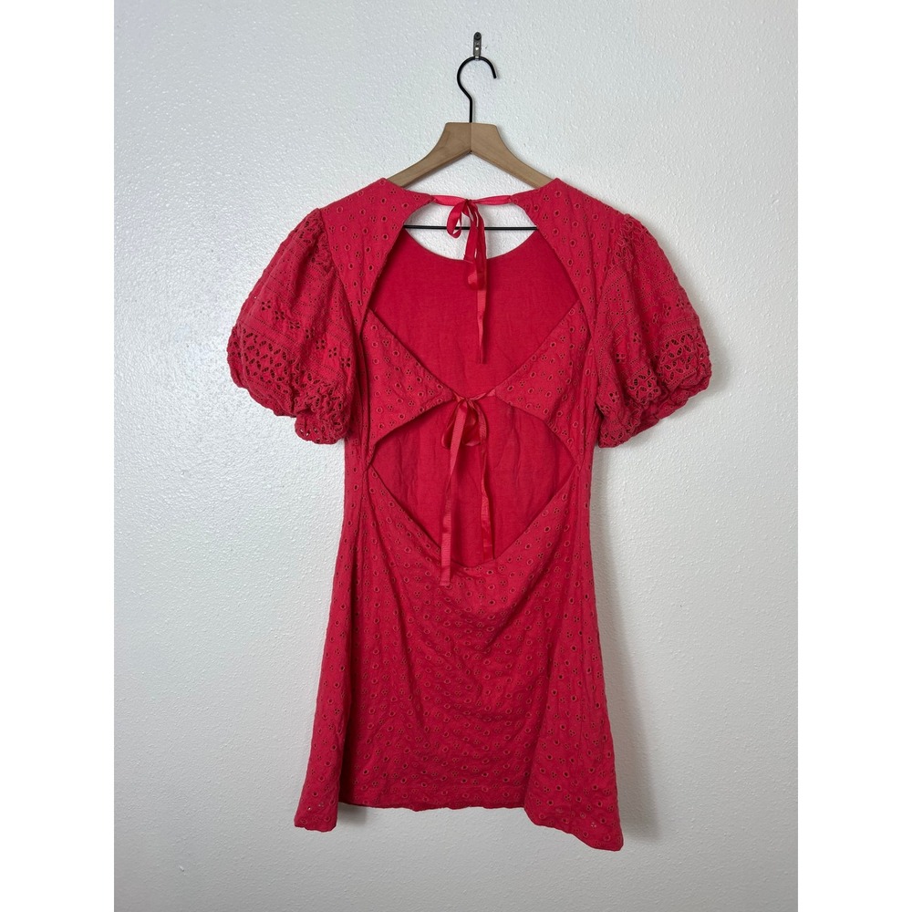 Free People Apricot Rose Mini Puff Sleeve Eyelet Dress Strawberry Spritz Small - Picture 9 of 9